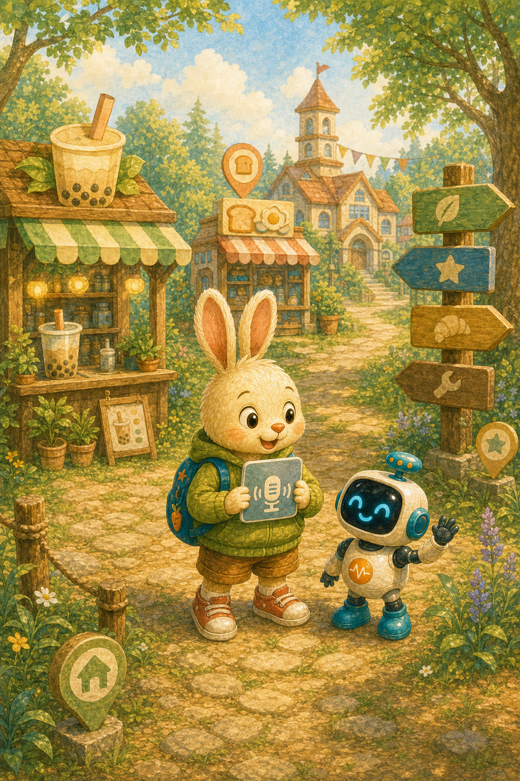 Rabbit 和 AI 教練在小鎮生活任務中練習英文